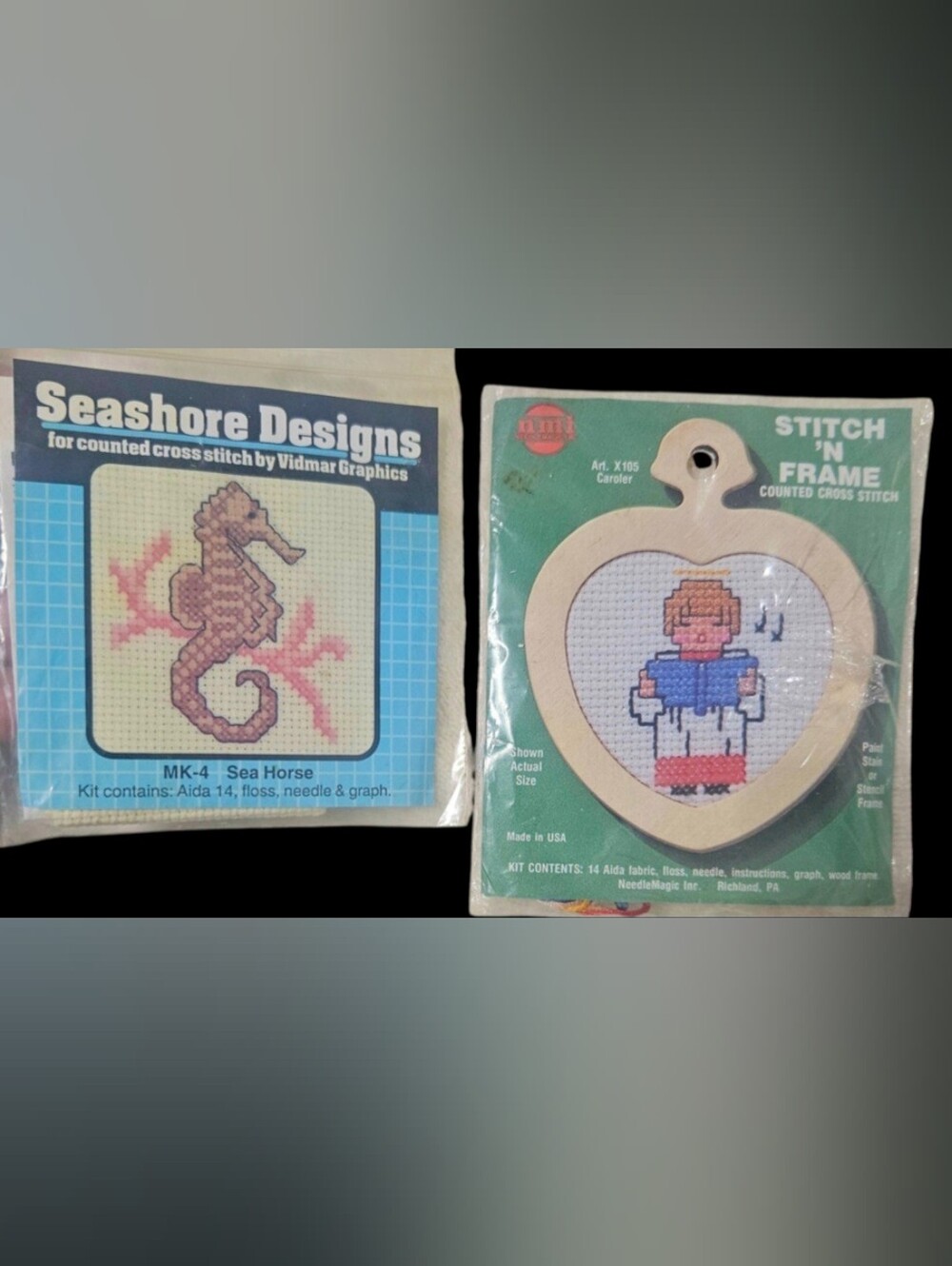 NWOT 2 Vtg Mini Counted Cross Stitch KIts "Seahorse" & "Caroler"